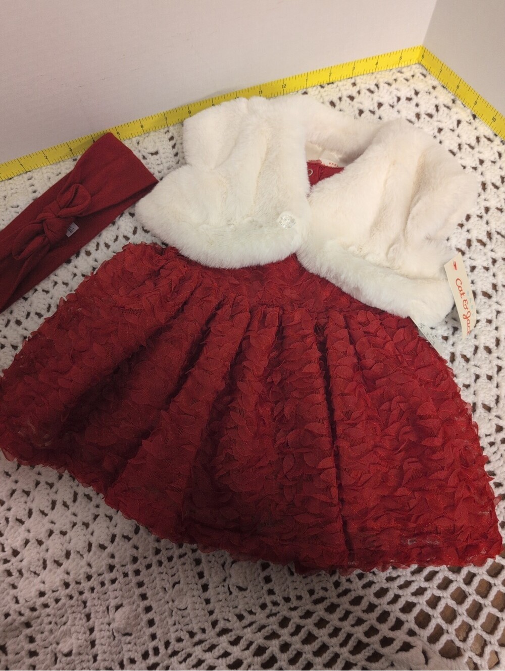 Baby Cat & Jack Holiday Red Dress 6-9 Mos 3pc White Bolero Jacket w/ headband